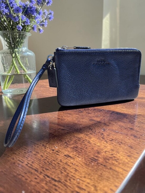 Coach Handbags - Coach Pebbled Leather Double Corner Zip Wristlet in Metallic Midnight Blue